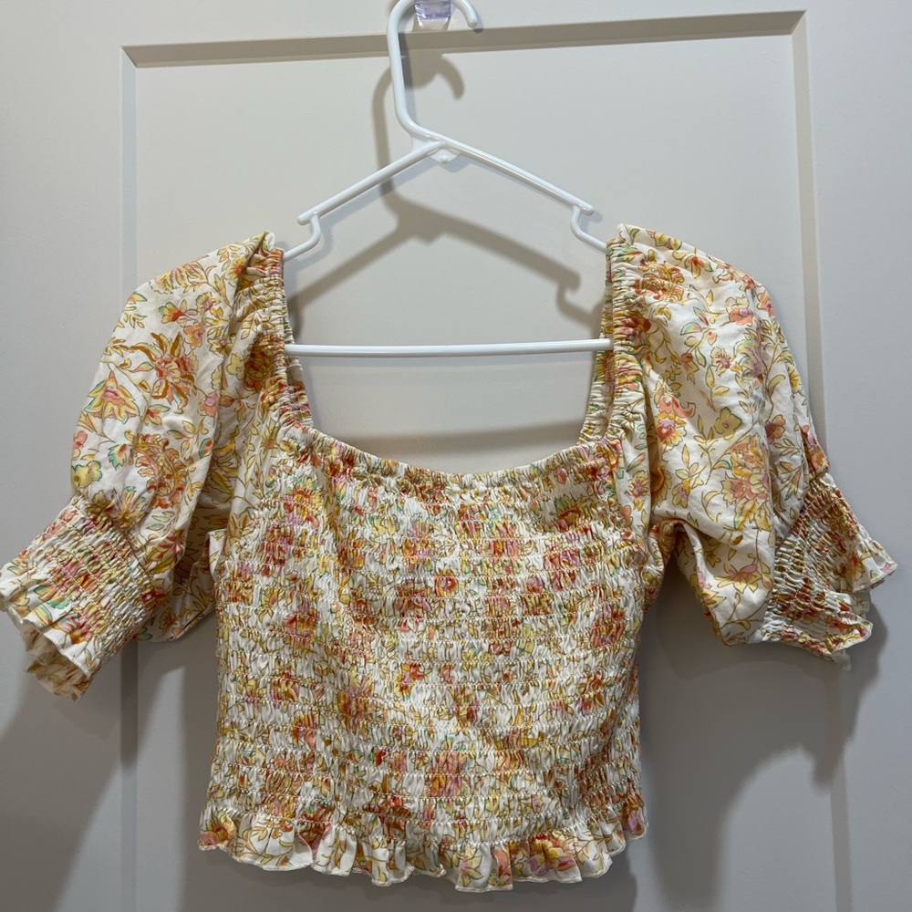 Billabong Yellow & Peach Floral Smocked Puff Sleeve Crop Top